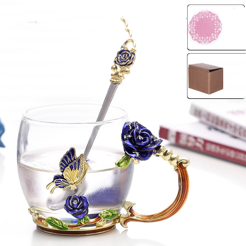 Luxury Enamel Flower Glass Teacup Set with Spoon - Gift Boxed Tea & Coffee Mug