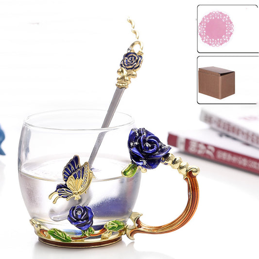 Luxury Enamel Flower Glass Teacup Set with Spoon - Gift Boxed Tea & Coffee Mug