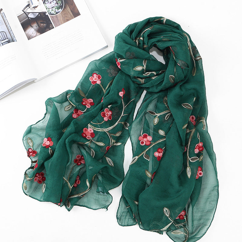 Embroidered Floral Chiffon Scarf - Lightweight Shawl & Wrap