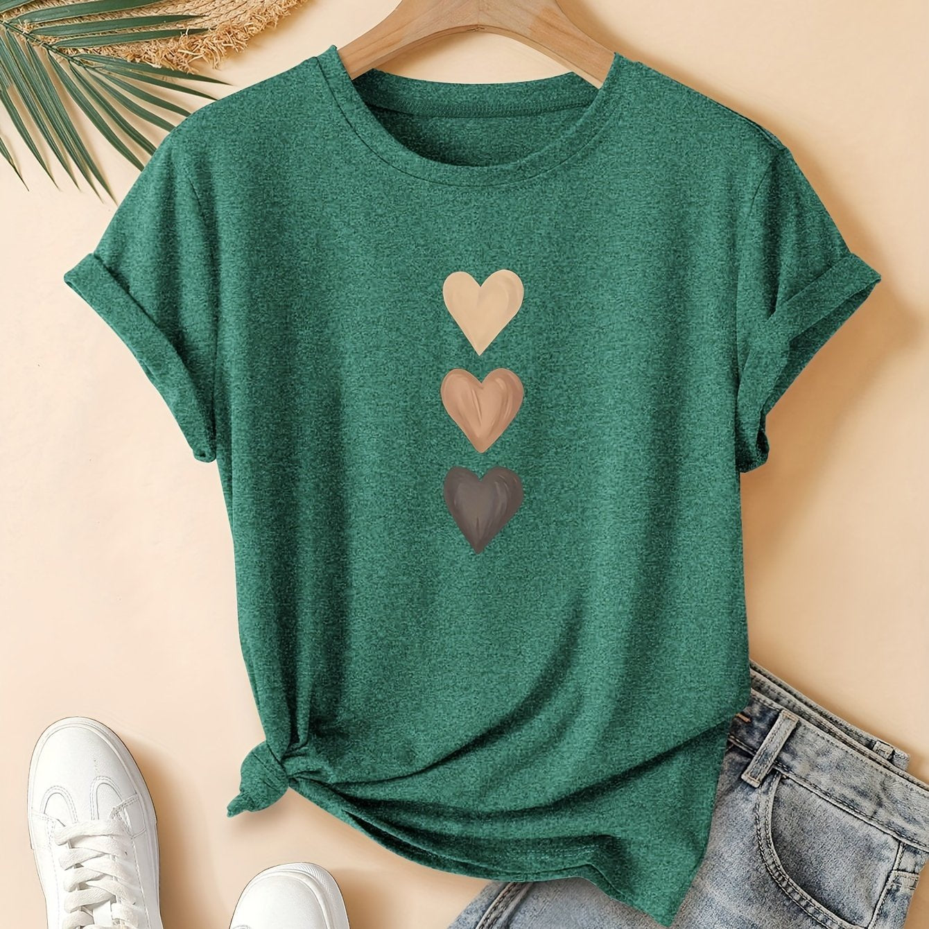 Three Heart Graphic Tee - Women's Casual Cotton Short Sleeve T-Shirt