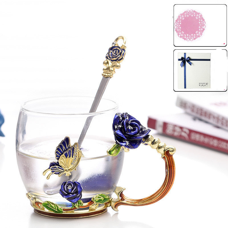 Luxury Enamel Flower Glass Teacup Set with Spoon - Gift Boxed Tea & Coffee Mug