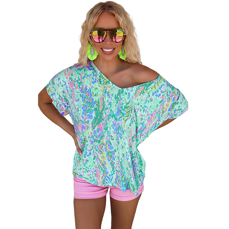 Women's Abstract Floral Print V-Neck T-Shirt - Loose Casual Summer Top