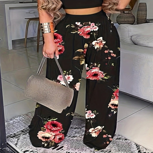 Women's Boho Floral Wide Leg Trousers - High Waist Loose Fit Pants