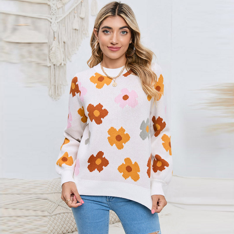 Retro Floral Print Knit Pullover Sweater - Women's Long Sleeve Top