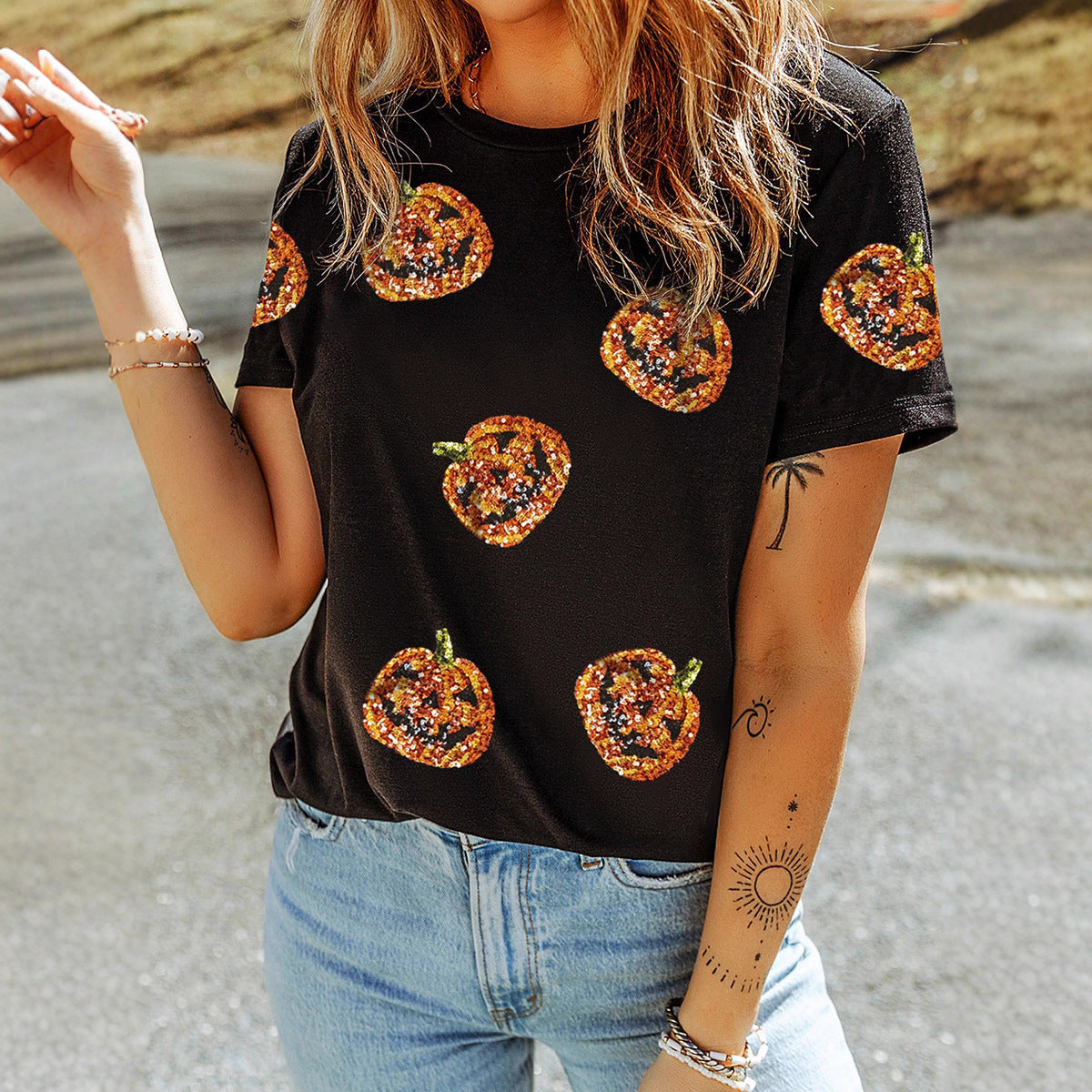 Sequin Pumpkin Halloween T-Shirt - Sparkly Jack-O'-Lantern Graphic Tee