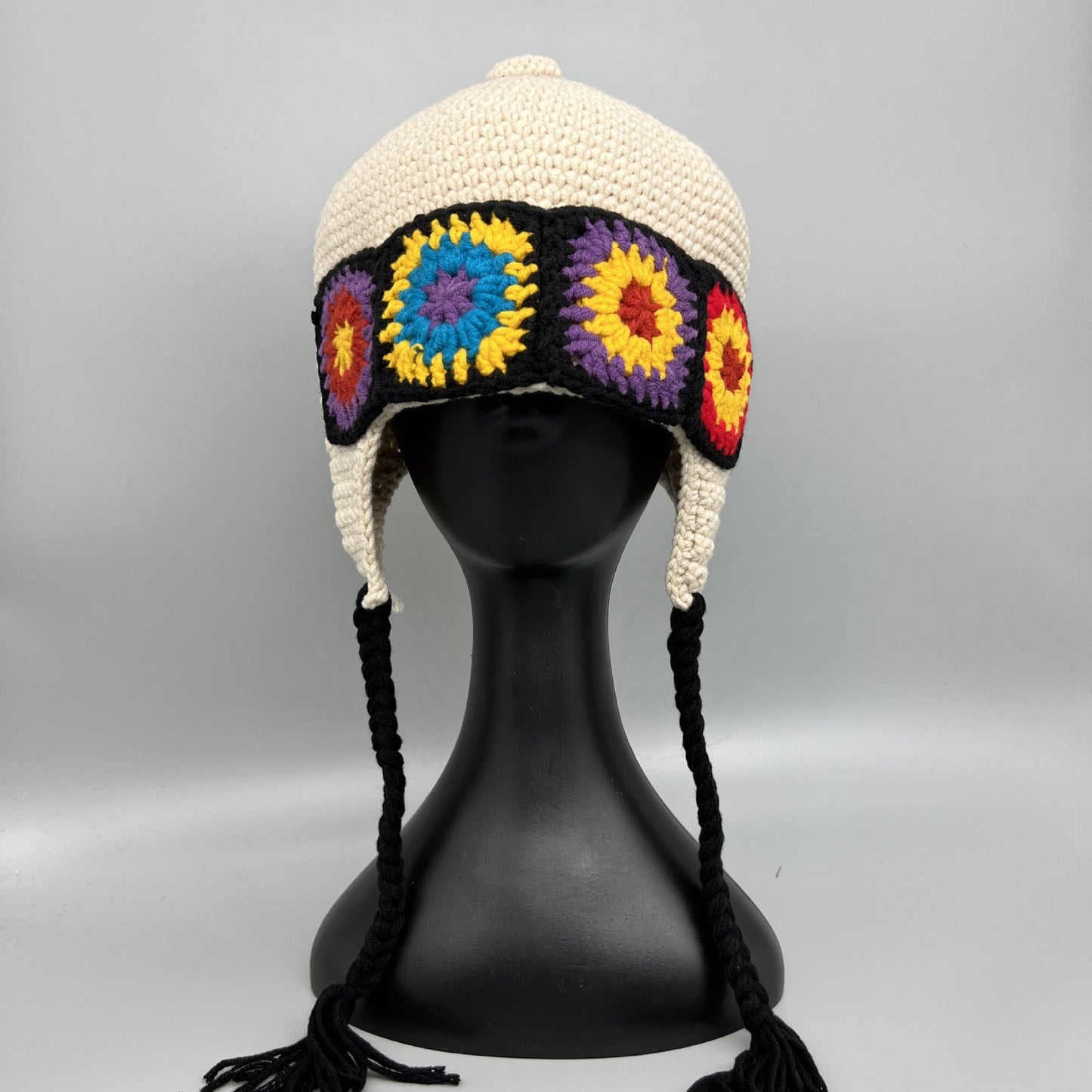 Handmade Crochet Flower Knit Winter Hat - Boho Earflap Beanie