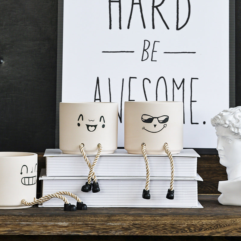 Cute Ceramic Face Flower Pot with Legs - Mini Planter Home Decor