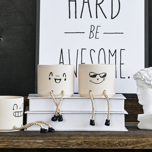 Cute Ceramic Face Flower Pot with Legs - Mini Planter Home Decor