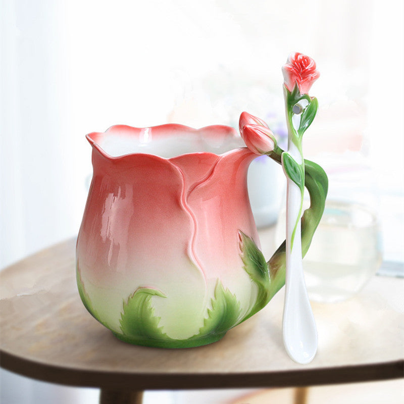 Flower Shaped Porcelain Coffee Mug - Enamel Rose Tea Cup with Spoon