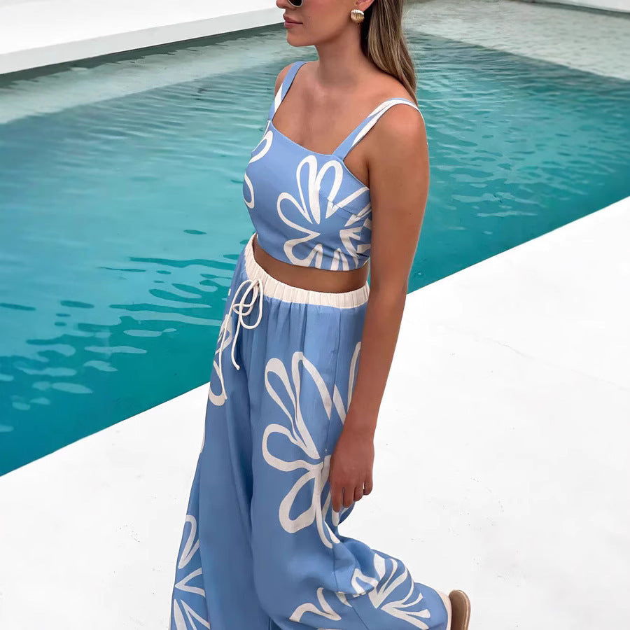 Women's Floral Wide-Leg Pants Set - Sleeveless Crop Top & Vacation Outfit
