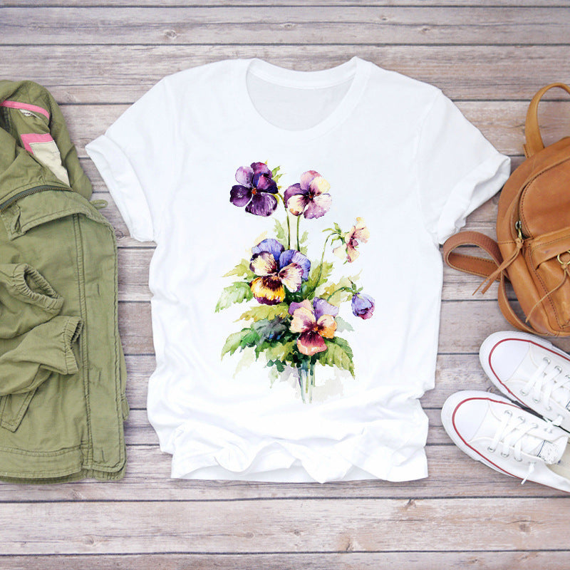 Women's Floral Print White Short Sleeve T-Shirt - Casual Summer Top