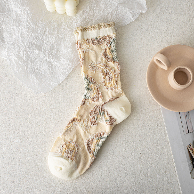 7-Pair Set - Women's Vintage Floral Lace Socks, Sheer Embroidered Dress Socks