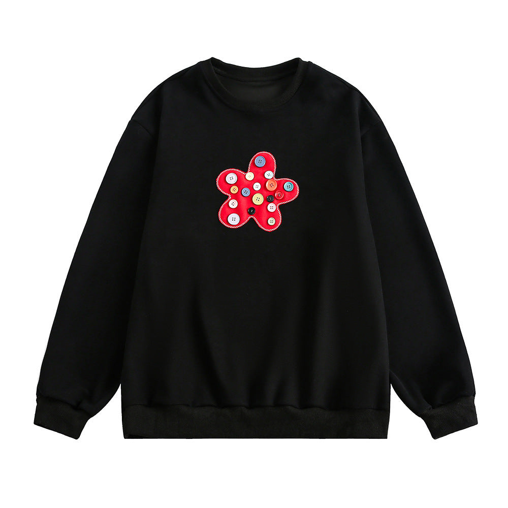 Button Flower Patch Loose Fit Round Neck Sweatshirt