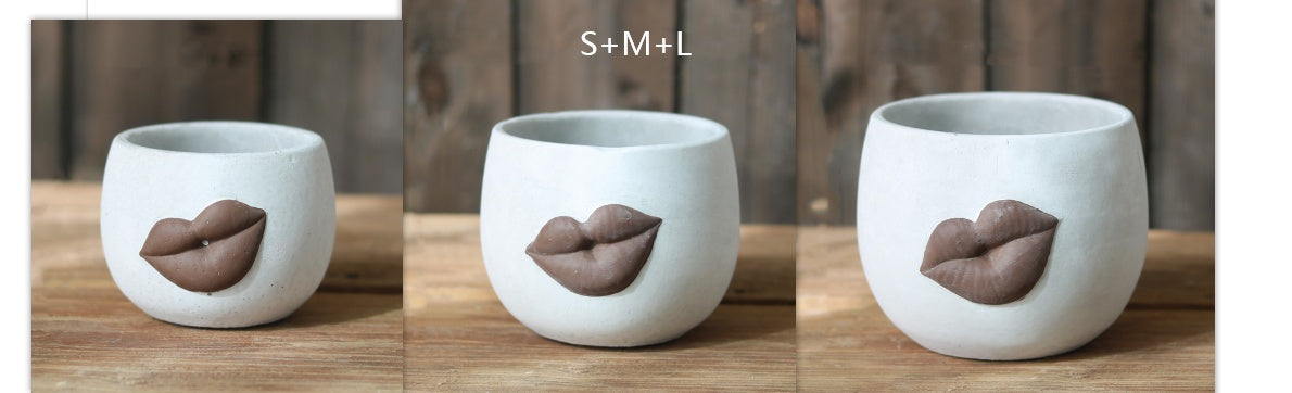Modern Cement Lips Flower Pot - Abstract Face Planter