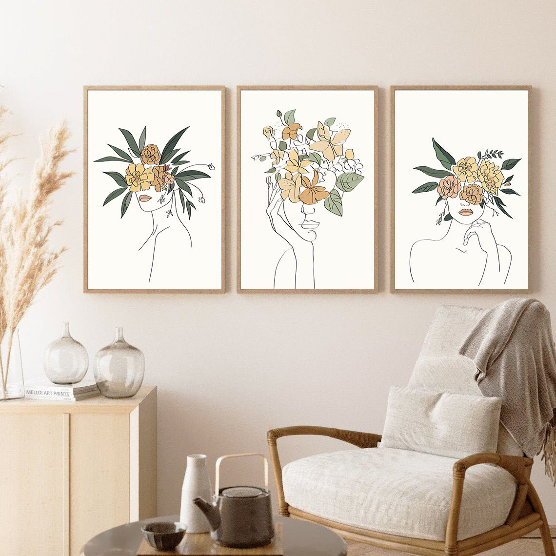 Minimalist Line Art Flower Canvas Prints - Nordic Botanical Wall Decor