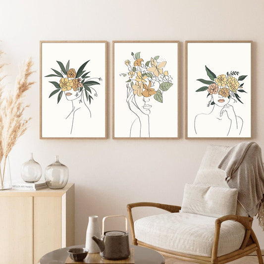 Minimalist Line Art Flower Canvas Prints - Nordic Botanical Wall Decor