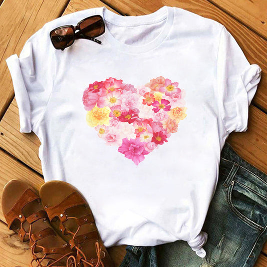 Women's Heart Print Graphic T-Shirt - Casual Valentine's Day Top