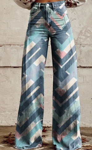 Chevron Vibe Wide Leg Pants - Retro Print High-Rise Jeans