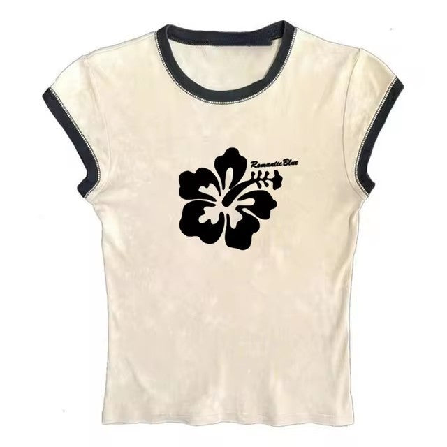 Retro Hibiscus Flower Print Short Sleeve Tee - Casual Y2K Summer Top