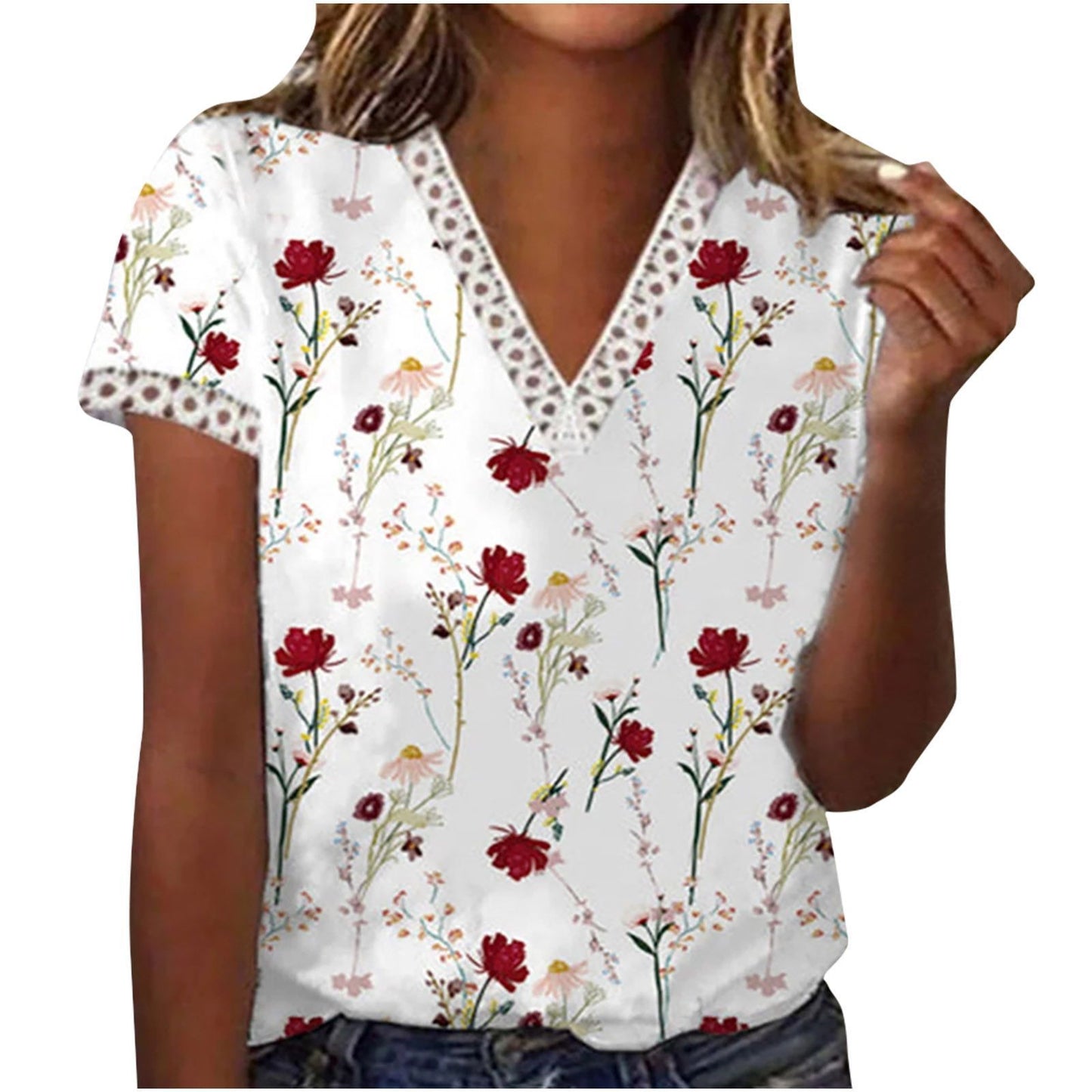 Floral Cotton V-Neck Lace Trim Blouse - Casual Summer Top