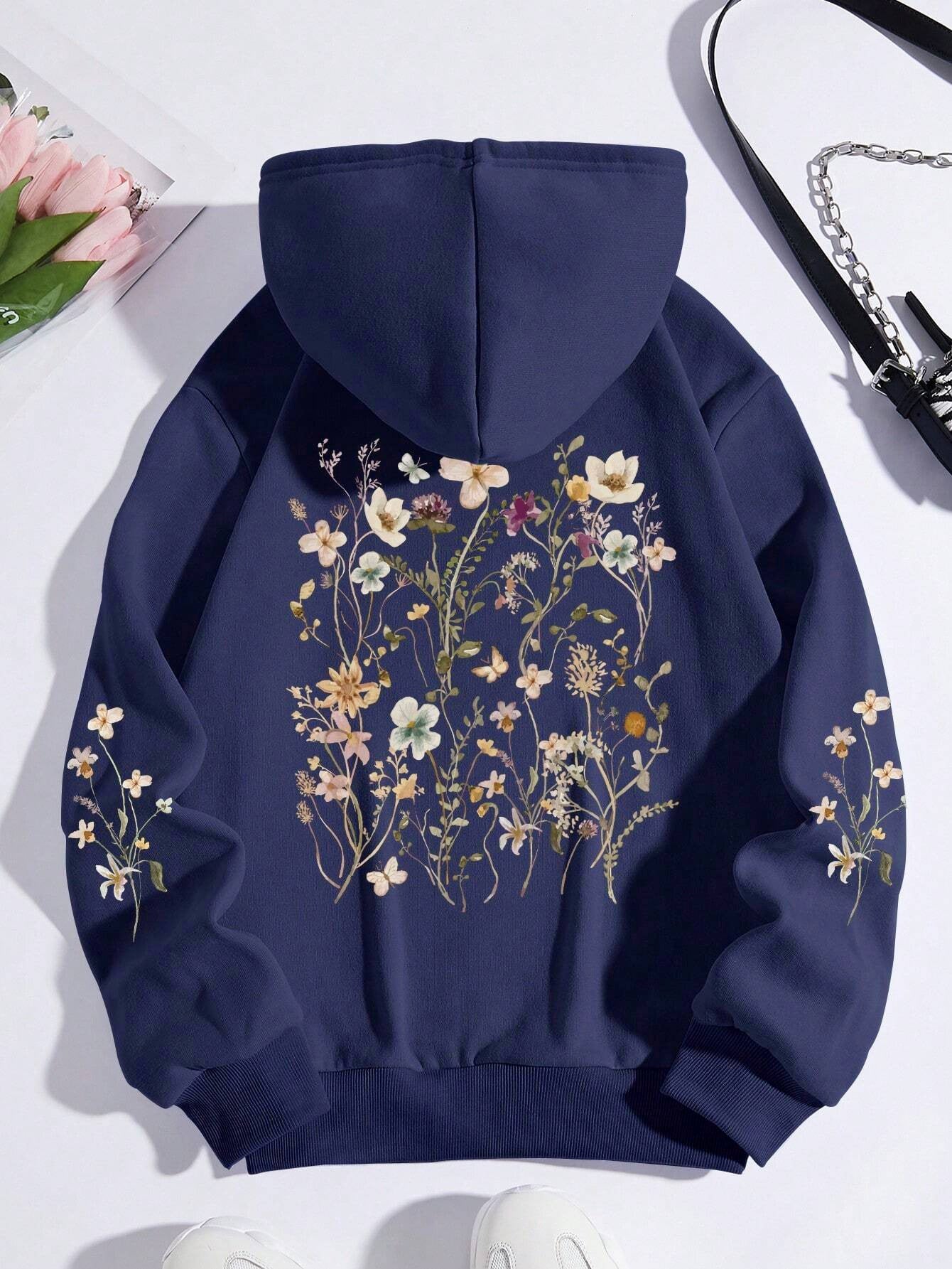 Women's Floral Print Hoodie Sweatshirt - Casual Pullover with Pocket