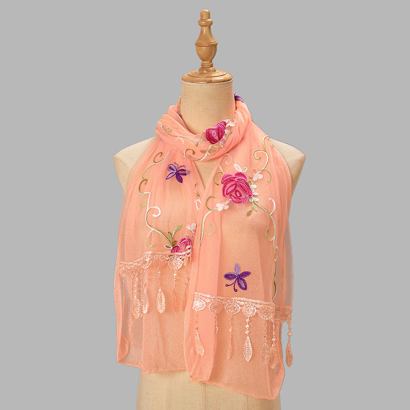 Embroidered Floral Tassel Scarf - Lightweight Double-Layer Wrap for Women