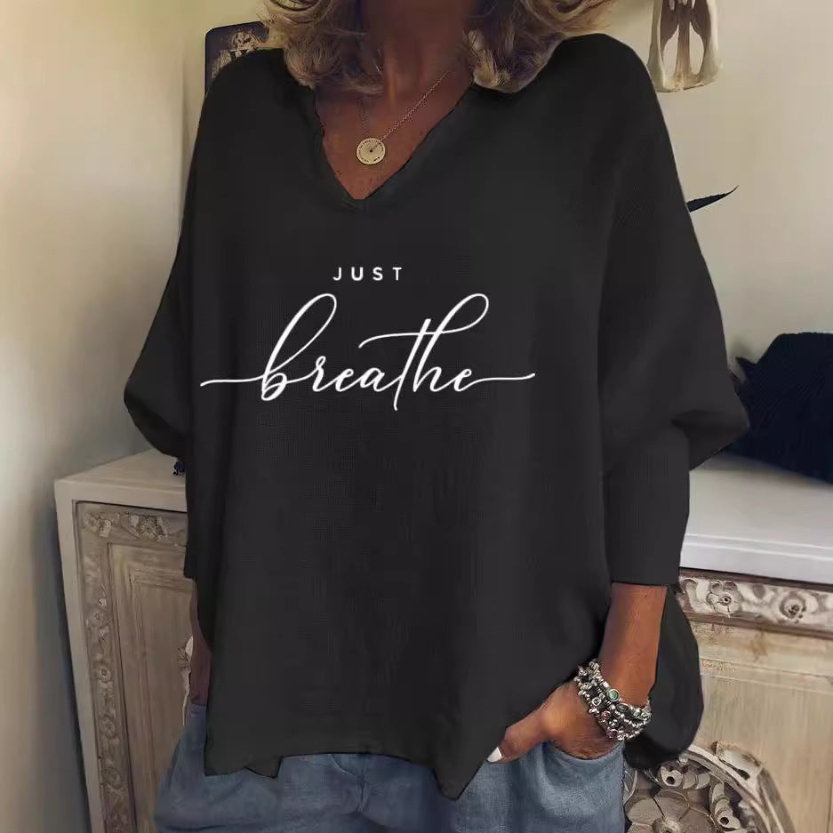 Women's V-Neck Long Sleeve Loose Top - Casual Graphic & Printed Blouse
