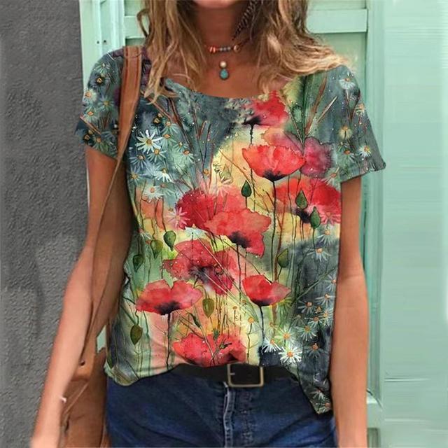 Women's Floral Print Casual T-Shirt - Colorful Summer Top