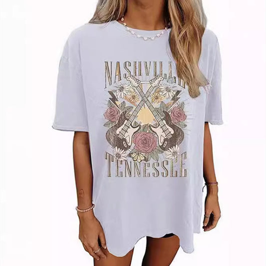 Nashville Music City Graphic Tee - Vintage Guitar & Wings Print