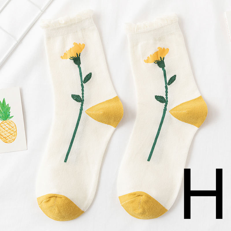 8-Pair Whimsical Floral & Patterned Cotton Sock Set - Cute Jacquard Crew Socks