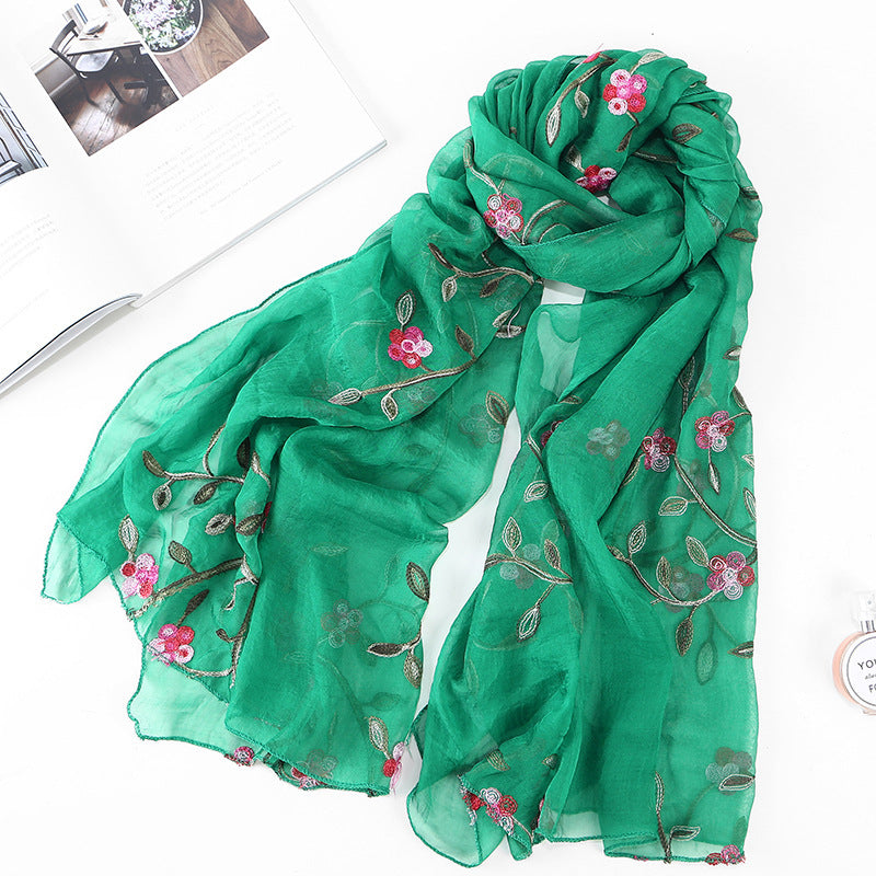 Embroidered Floral Chiffon Scarf - Lightweight Shawl & Wrap