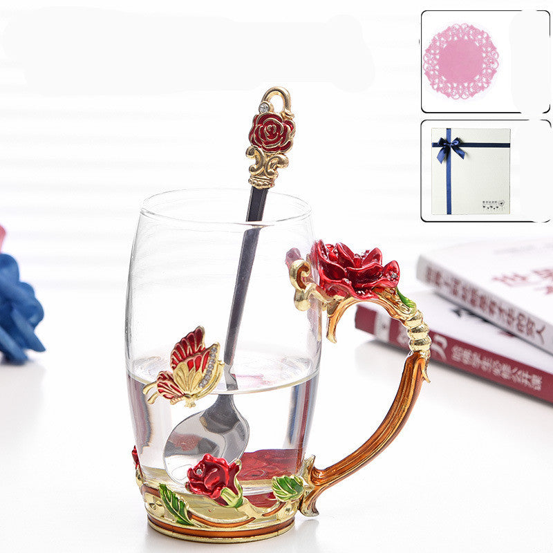Luxury Enamel Flower Glass Teacup Set with Spoon - Gift Boxed Tea & Coffee Mug