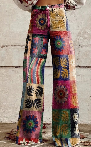 Retro Patchwork Wide Leg Pants - Boho Festival Hippie Style