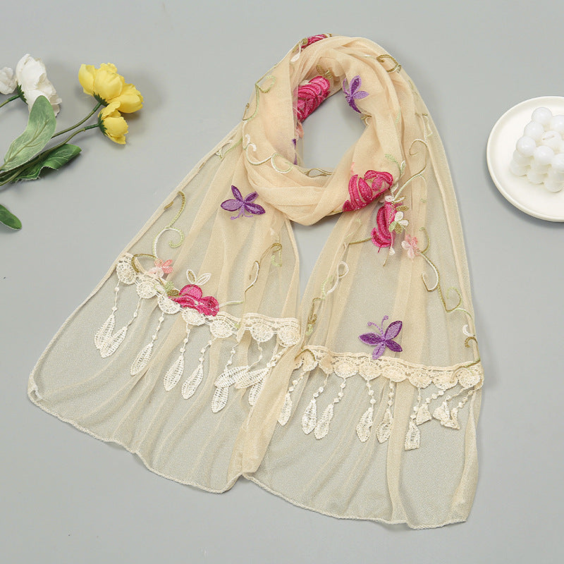 Embroidered Floral Tassel Scarf - Lightweight Double-Layer Wrap for Women