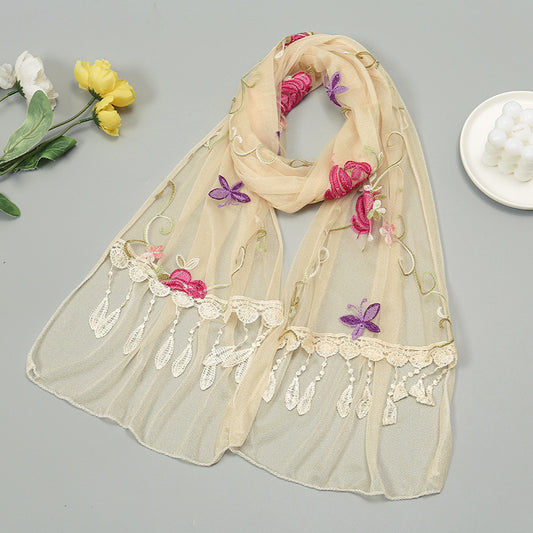Embroidered Floral Tassel Scarf - Lightweight Double-Layer Wrap for Women