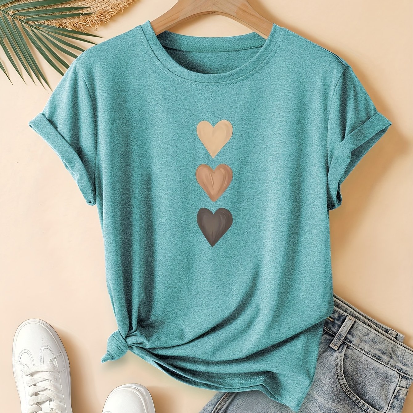 Three Heart Graphic Tee - Women's Casual Cotton Short Sleeve T-Shirt