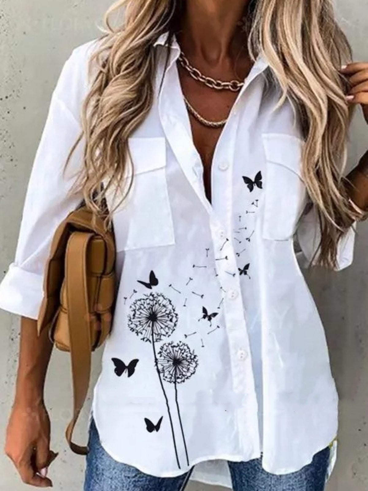 Women's Floral V-Neck Long Sleeve Blouse - Loose Fit Casual Shirt