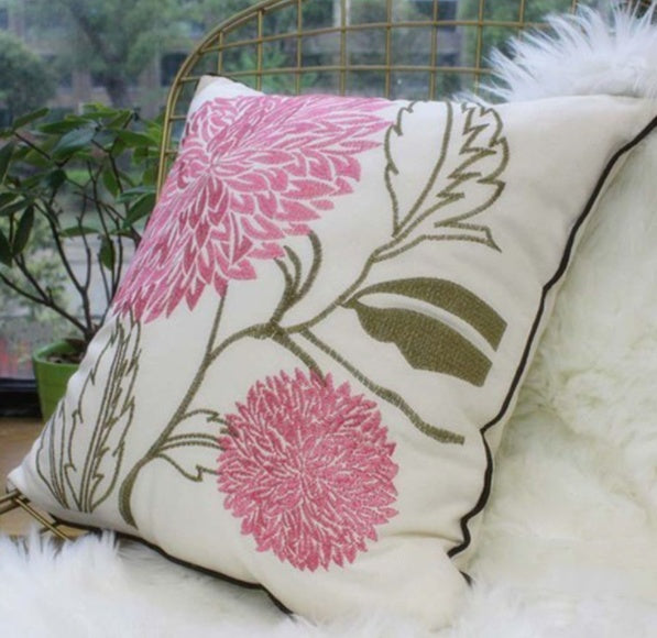 Embroidered Floral Cotton Pillow Cover - Square Decorative Cushion Case