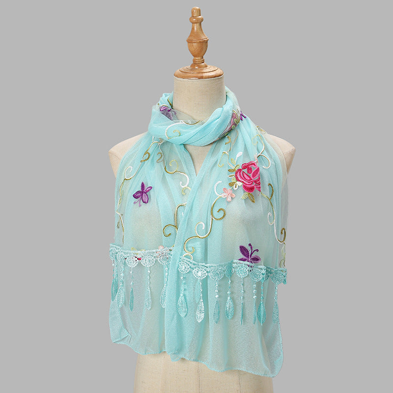 Embroidered Floral Tassel Scarf - Lightweight Double-Layer Wrap for Women