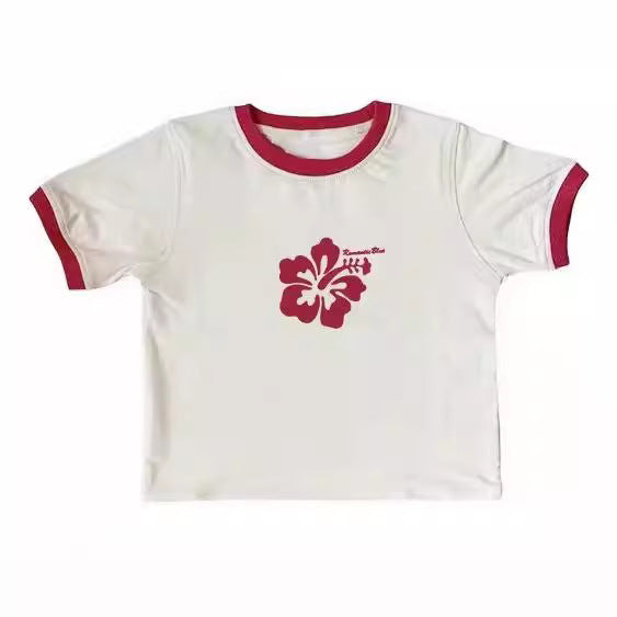 Retro Hibiscus Flower Print Short Sleeve Tee - Casual Y2K Summer Top