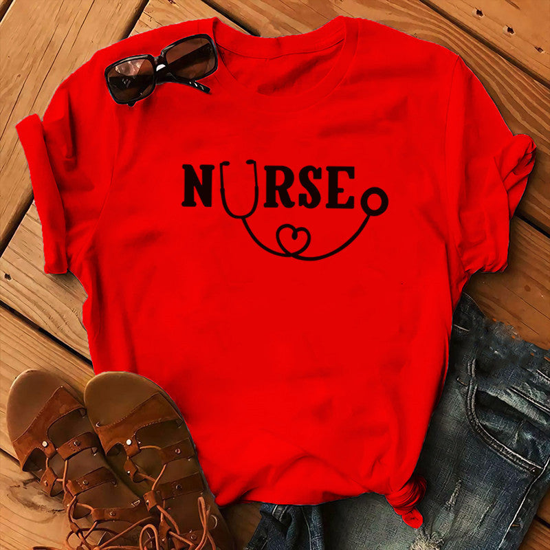 Nurse Graphic T-Shirt - Stethoscope Heart Print Short Sleeve
