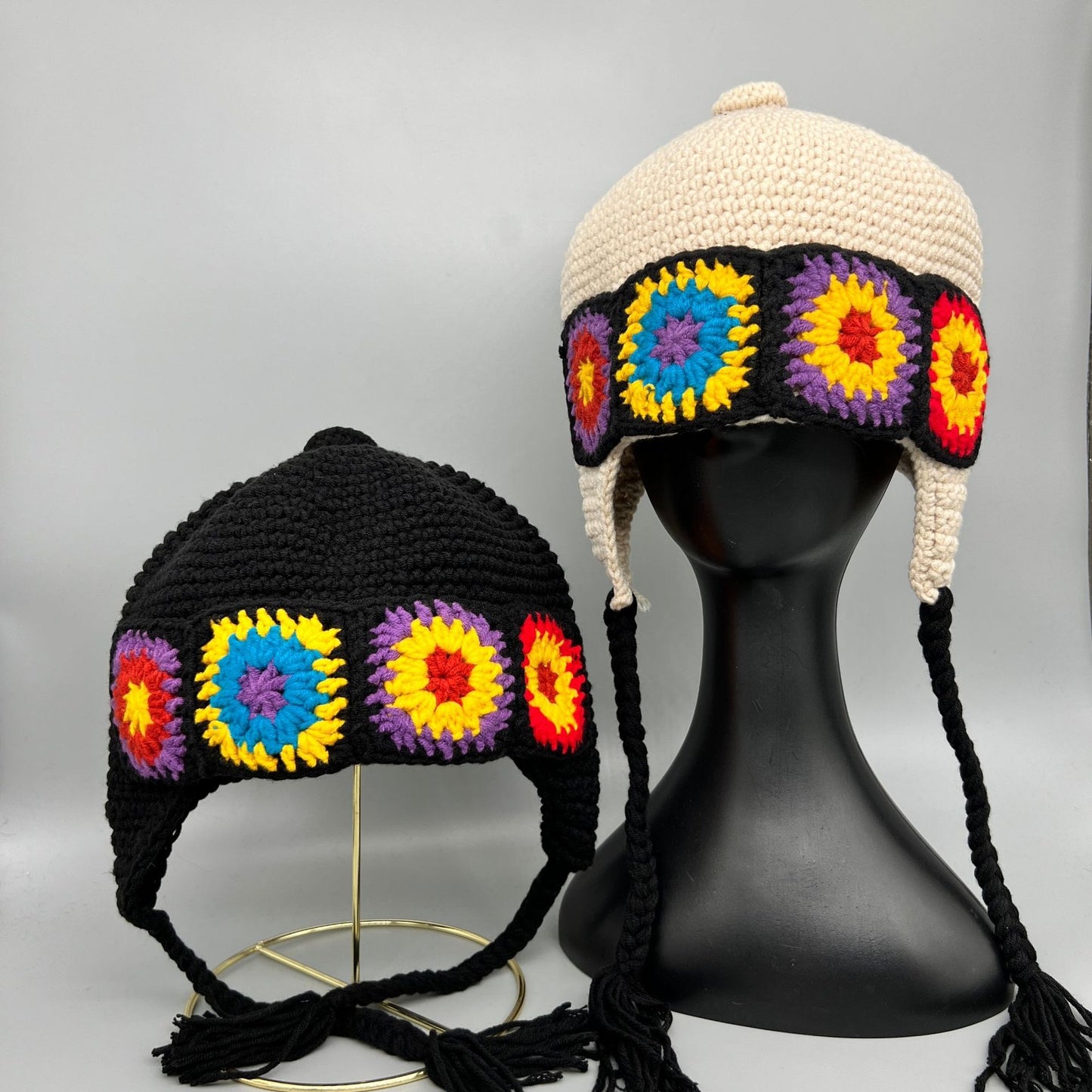 Handmade Crochet Flower Knit Winter Hat - Boho Earflap Beanie