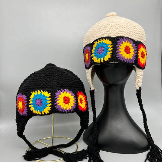 Handmade Crochet Flower Knit Winter Hat - Boho Earflap Beanie