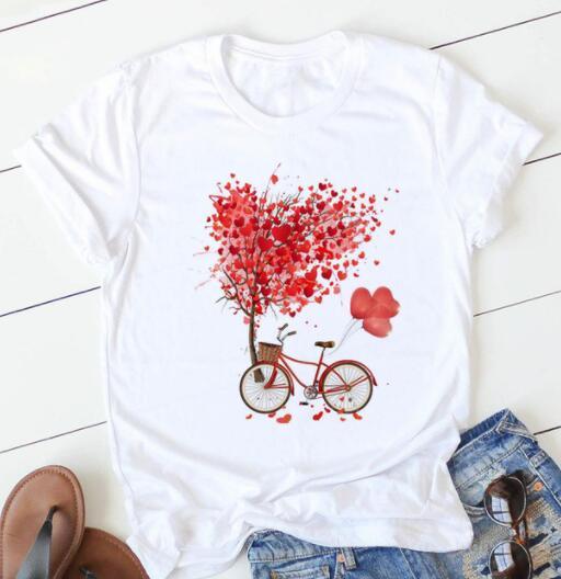 Women's Heart & Flower Print Short Sleeve T-Shirt - Casual Graphic Tee