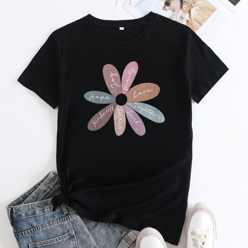 Bright Daisy Graphic Tee - Casual Round Neck Short Sleeve