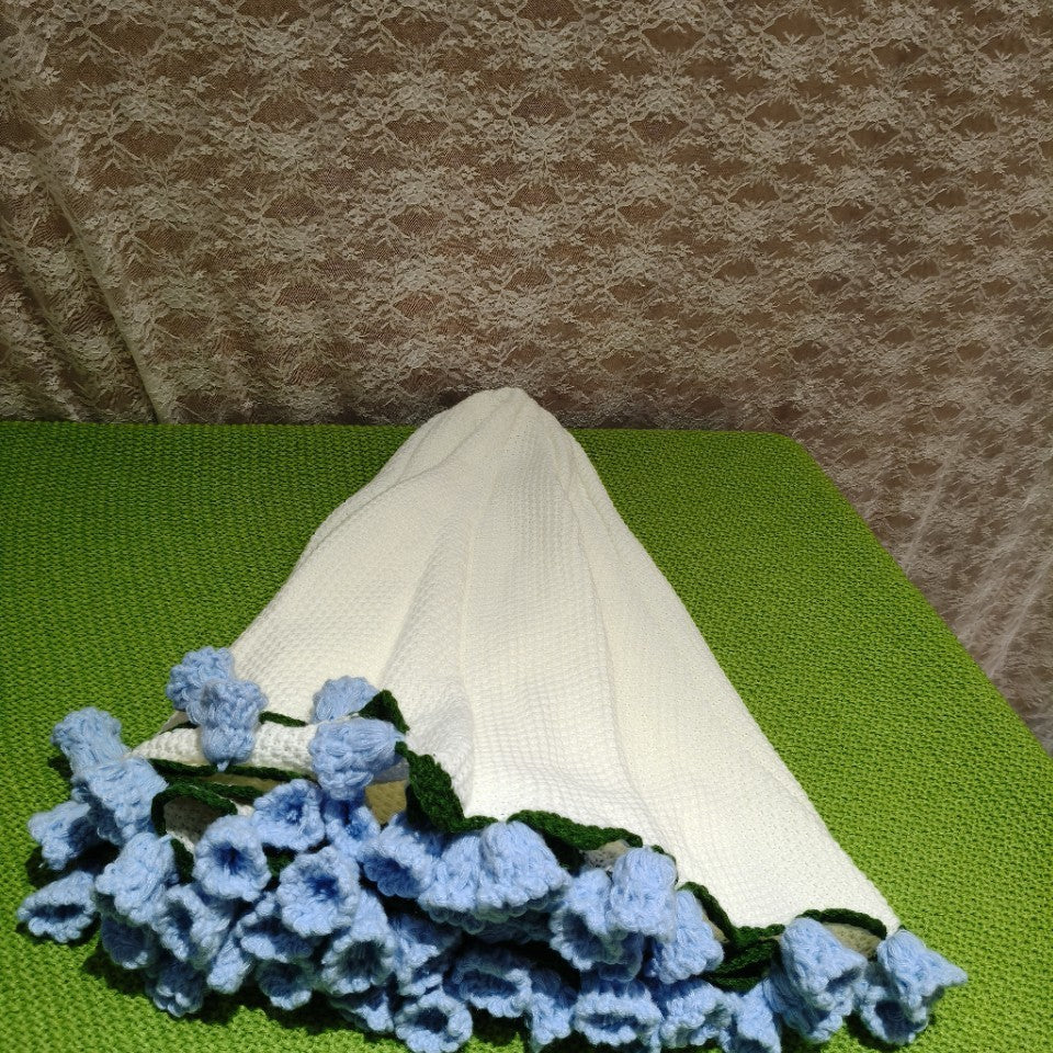 Crochet Flower Edge Blanket - Handmade Knitted Throw with 3D Floral Trim