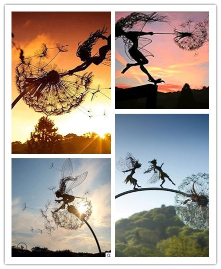 Metal Fairy Garden Sculpture - Dancing Elves with Dandelions