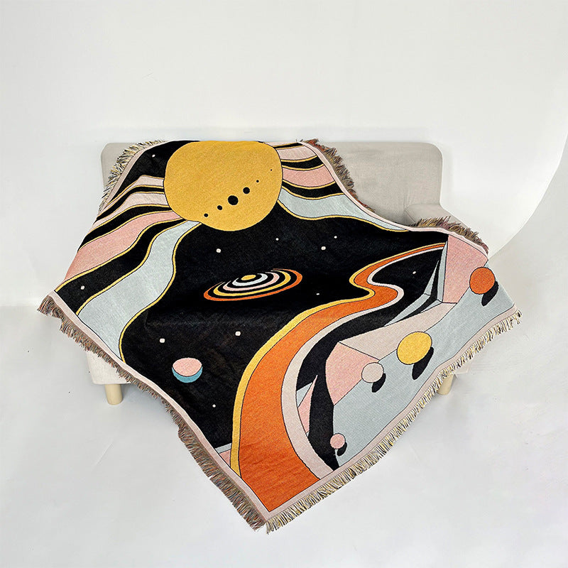 Boho Retro Woven Blanket - 70s Flower & Space Pattern Throw | Picnic, Camping, or Home Decor