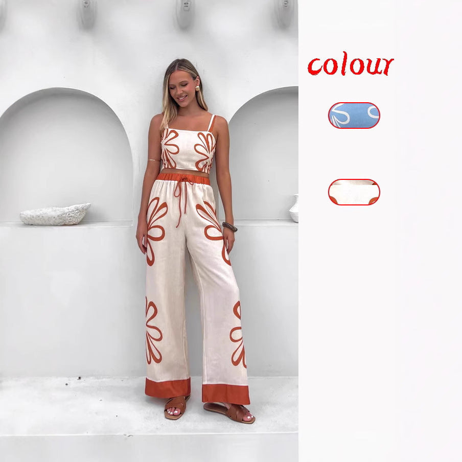 Women's Floral Wide-Leg Pants Set - Sleeveless Crop Top & Vacation Outfit