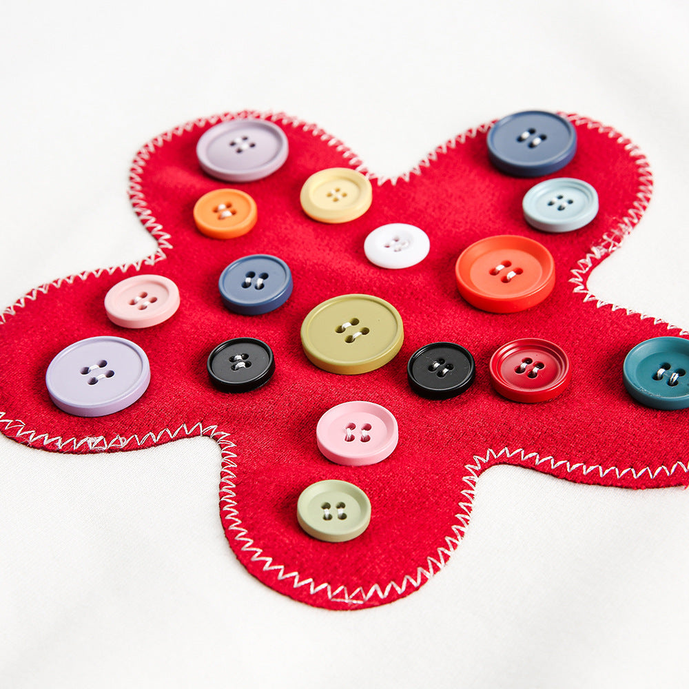 Button Flower Patch Loose Fit Round Neck Sweatshirt